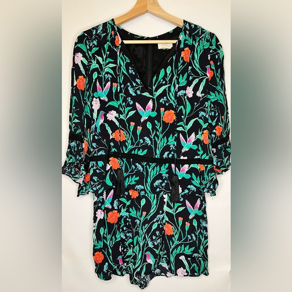 Kate Spade Romper Jardin Crepe Floral Bird Tassel Green Multicolor 10 - Picture 2 of 10